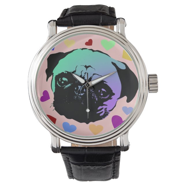Pug Valp Hund PopArt Retro Stil Armbandsur (Framsida)