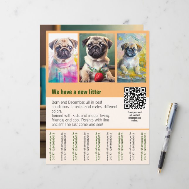 Pug-valpar för sälj flyer mall QR-kod (Fram/Back In Situ)