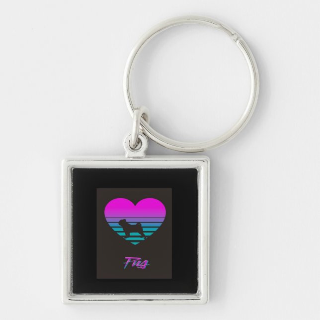 Pug Vaporwave Heart Pug Hund älskare Gift Fyrkantig Silverfärgad Nyckelring (Framsidan)