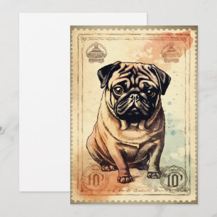 Pug Vintage Frimärke Art Julkort