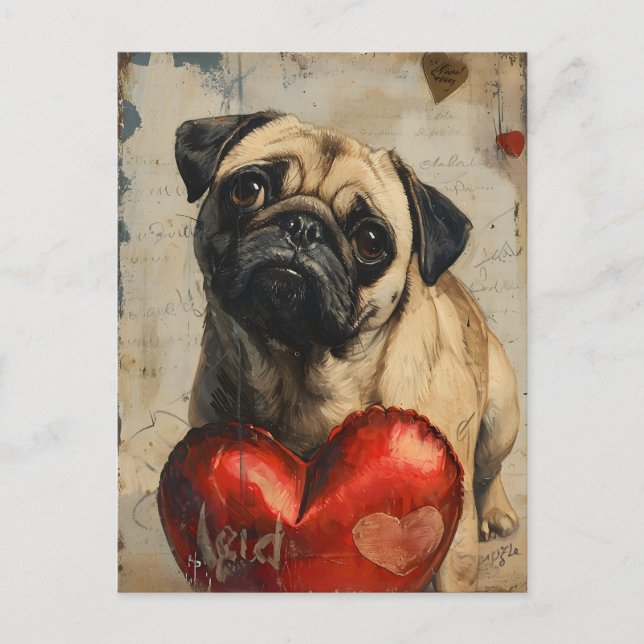 Pug vintage valentines day vykort (Framsida)
