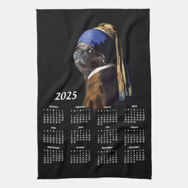 Pug w/Pearl Earring Vermeer Painting 2025 Calendar Kökshandduk (Vertikal)