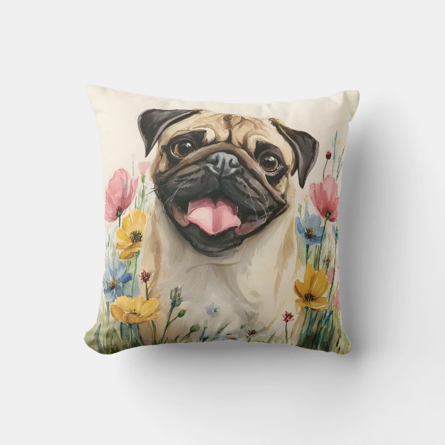 Pug Watercolor Pillow Kudde (Framsida)