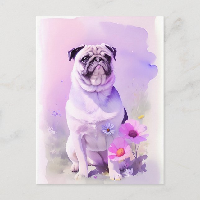 Pug Watercolor Porträtt 1 Vykort (Framsida)