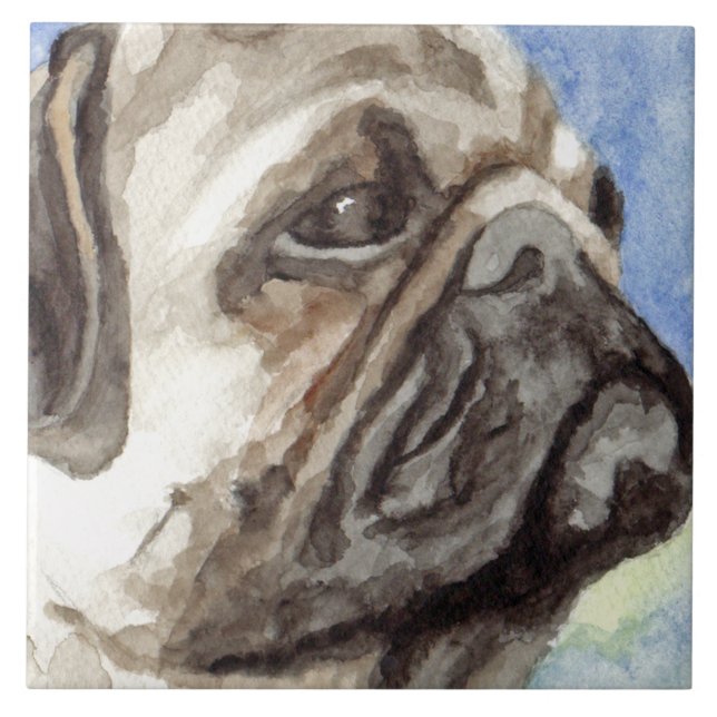 Pug Watercolor Porträtt Kakelplatta (Framsidan)