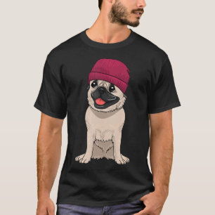 Pug Wearing Beanie Cute Coola Hund Hat Pet Kärlek T Shirt