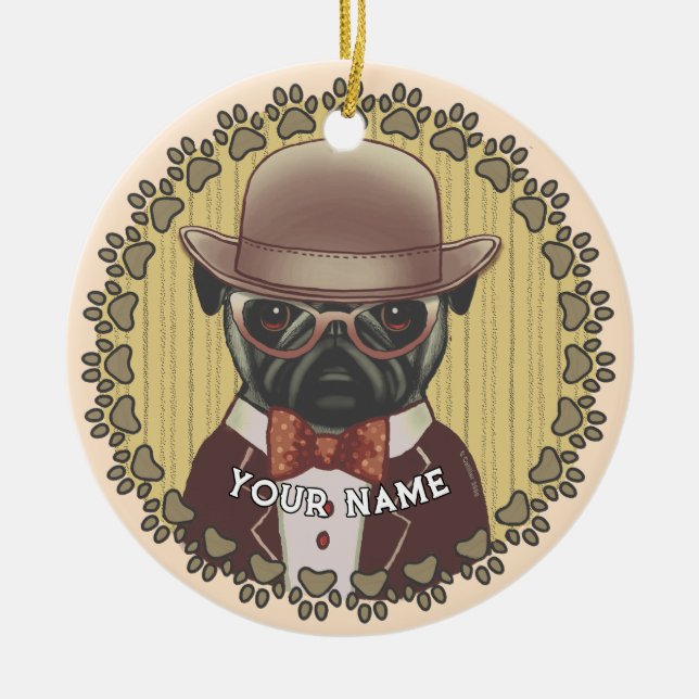 Pug Wearing Glass Julgransprydnad Keramik (Framsidan)