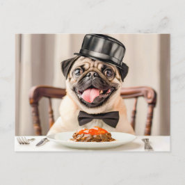Pug Wearing Hat Sitting at Table Vykort