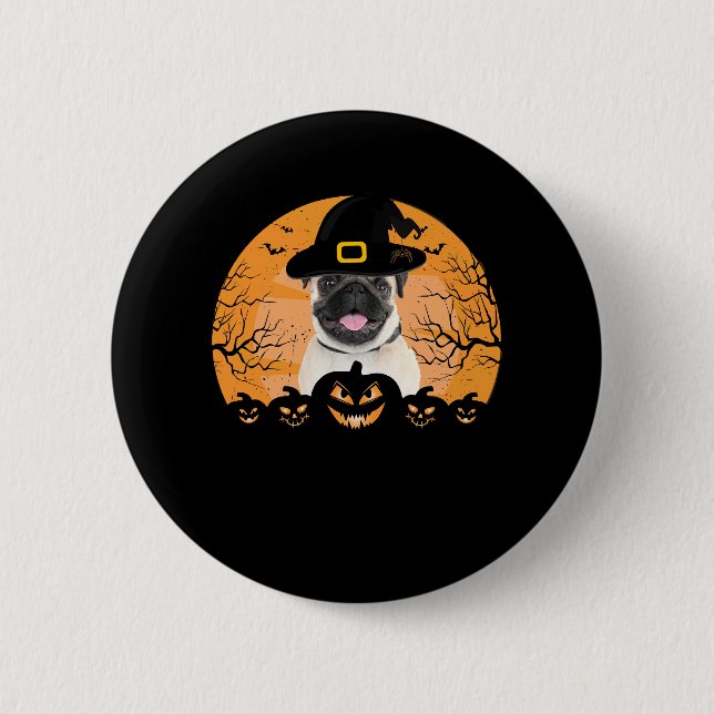 Pug Witch Hat Jack-o-Lantern Hundar Halloween T-Sh Knapp (Framsida)