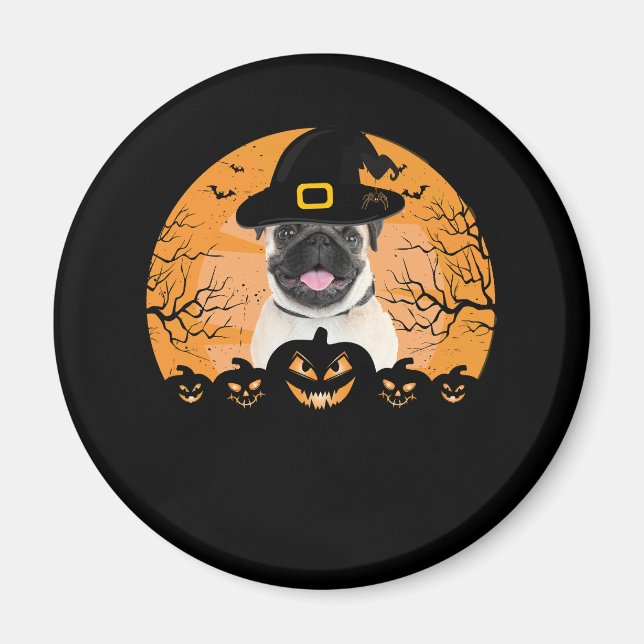 Pug Witch Hat Jack-o-Lantern Hundar Halloween T-Sh Magnet (Framsidan)