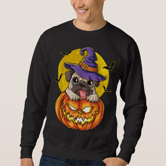 Pug Witch Pumpkin Halloween Girls Women Pugkin Hun Lång Ärmad Tröja (Framsida)