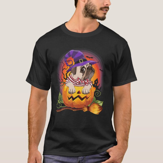 Pug Witch Pumpkin Halloween Hund älskare Costume T Shirt (Framsida)