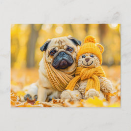 Pug with Plush Toy in Autumn Forest Vykort