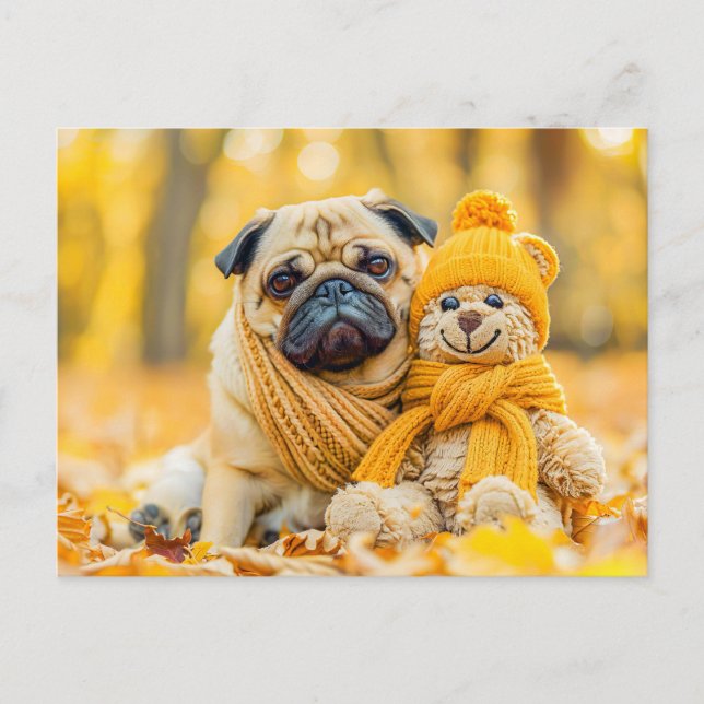 Pug with Plush Toy in Autumn Forest Vykort (Framsida)