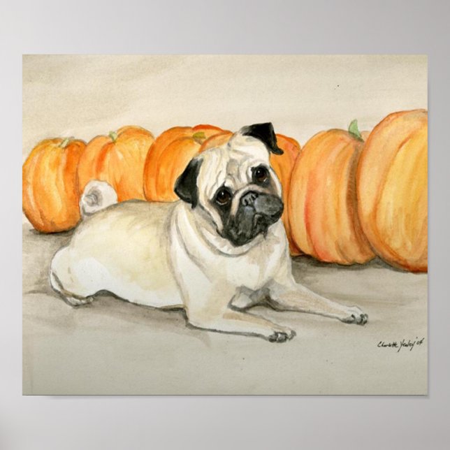 "Pug with Pumpkins" Hund Art Skriv ut Poster (Framsidan)