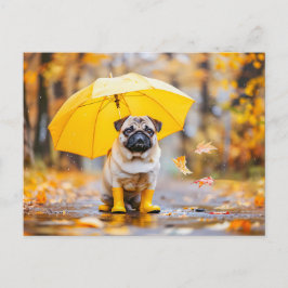 Pug with Umbrella and Boots in Rain Vykort