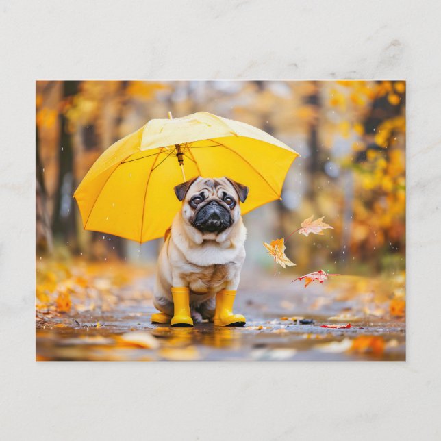 Pug with Umbrella and Boots in Rain Vykort (Framsida)