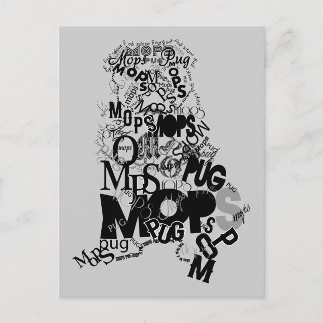 Pug wordart gjort silhuett modern retro vykort (Framsida)