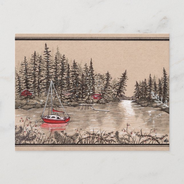 Puget Sound röda segelbåt, utanför Key Peninsula Vykort (Framsida)