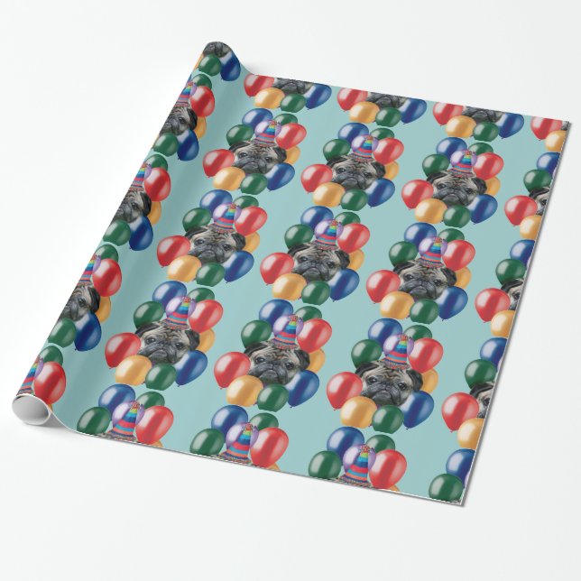 Pugg-hund på födelsedagen papprare presentpapper (Utrullad)