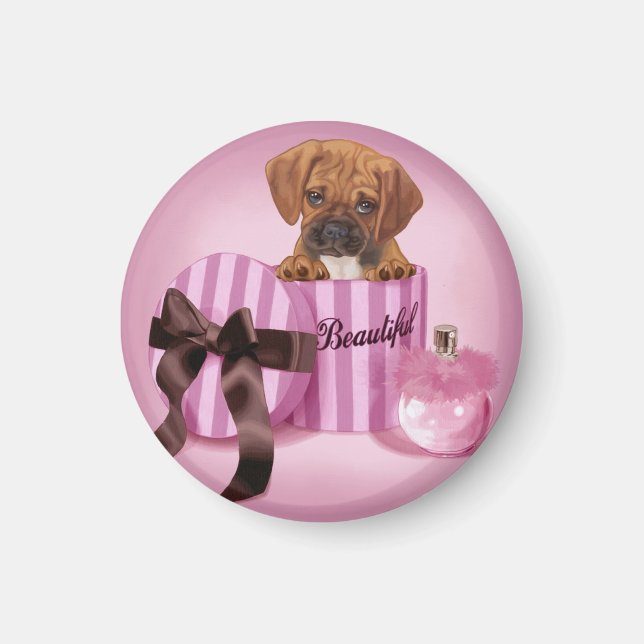 Puggel i stripy Round Box Magnet (Framsidan)