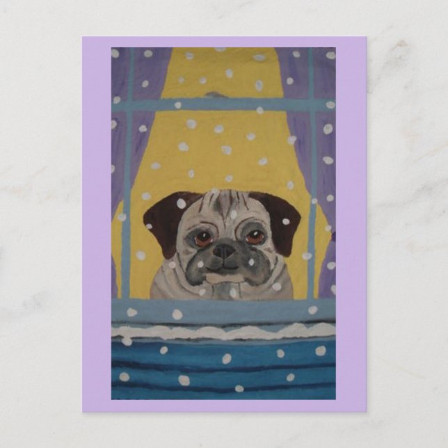 Puggen tittar på snön helg vykort (Framsida)