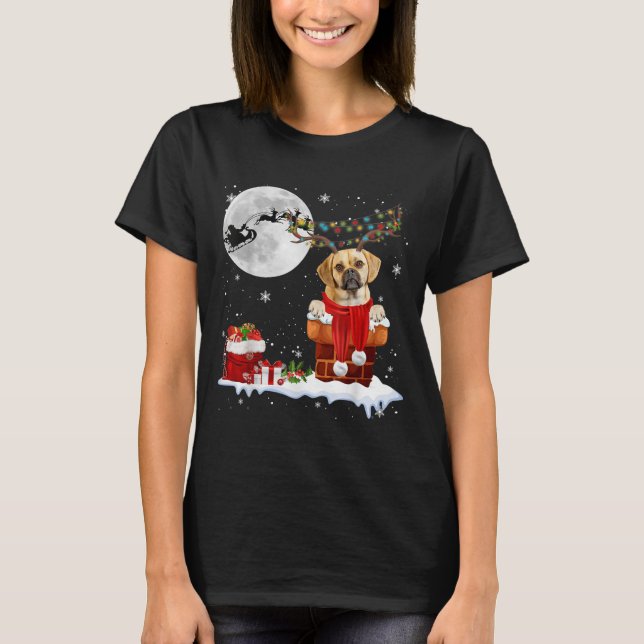 Puggle Dog Chimney Ugly Christmas Lights Xmas Paja T Shirt (Framsida)