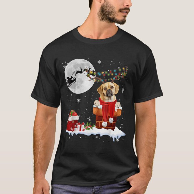 Puggle Dog Chimney Ugly Christmas Lights Xmas Paja T Shirt (Framsida)