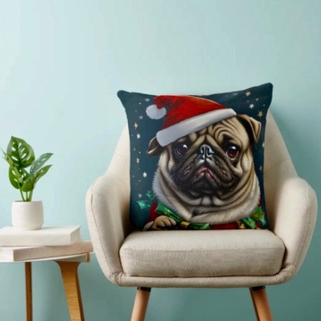 Puggy Claus Kollektion Kudde (Throw Pillow 100% polyester heavyweight stretch material. Hidden zipper Made in the USA.)