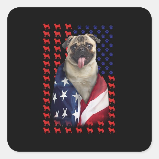 Puggy USA American Flagga Fyrkantigt Klistermärke (Framsida)