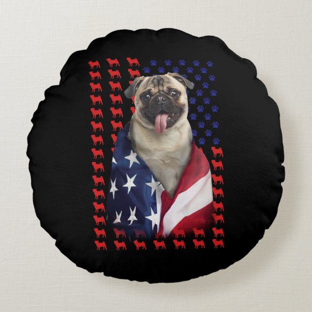 Puggy USA American Flagga Rund Kudde (Framsidan)