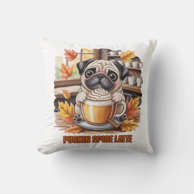 Pugkin Kryddad Latte Söt Rolig Höst Pug Hund Älska Kudde (Framsida)