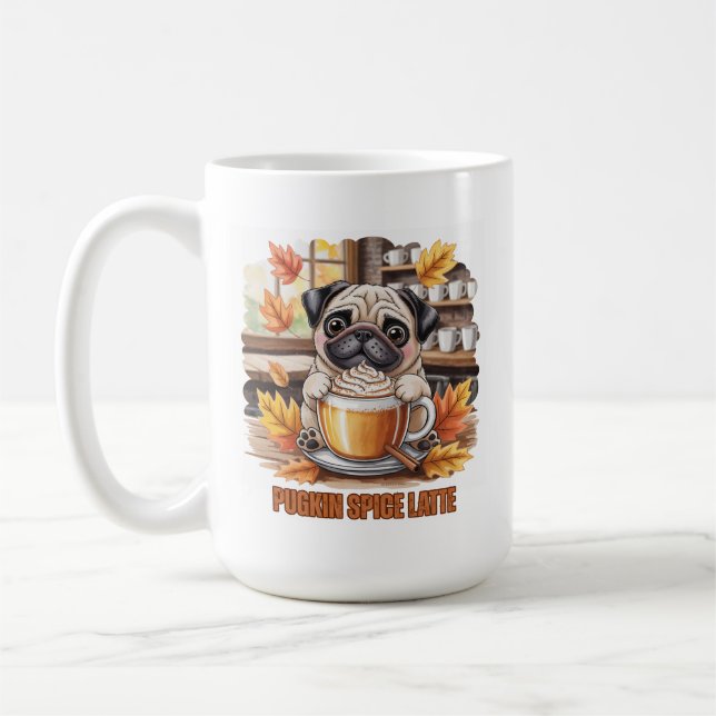 Pugkin Spice Latte – Cute Autumn Pug Coffee Design Kaffemugg (Vänster)