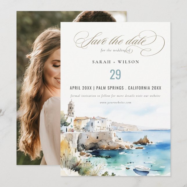 Puglia, Italien Akvarell Landskaps Bröllopsfoto Spara Datumet (Fram/baksida)