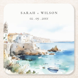 Puglia, Italy Watercolor Landscape Wedding Underlägg Papper Kvadrat