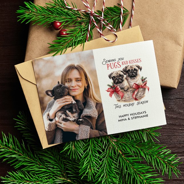 PUGS AND KISESS HUND THEMED CHRISTMAS ENSKILD FOTO JULKORT (DIGITAL CARD PUPPY PUG THEMED SINGLE VERTICAL PHOTO ELEGANT FUNNT PUGS AND KISSES)