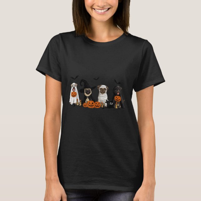 Pugs Dog Lovers - Pug Ghost Pug Witch Pug Hallowee T Shirt (Framsida)