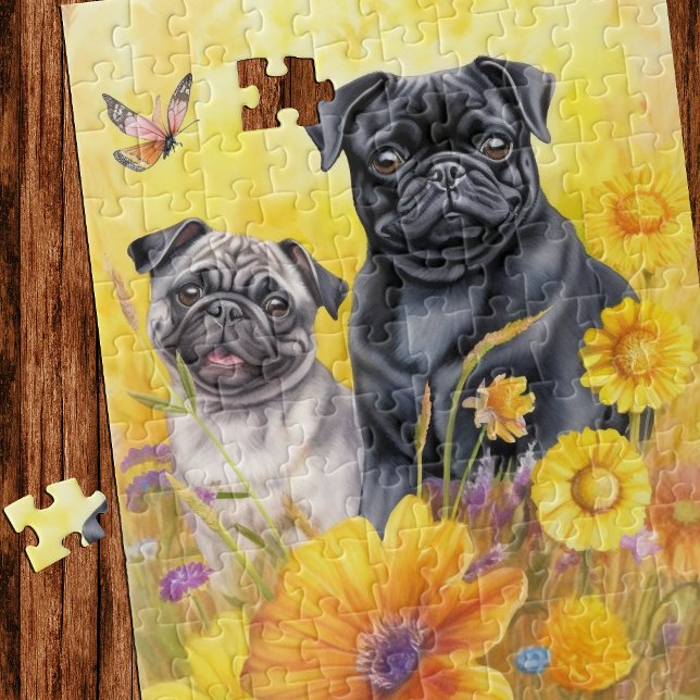 Pugs Fawn Black Gult Wildblommor Puppy Hund älskar Pussel (Skapare uppladdad)