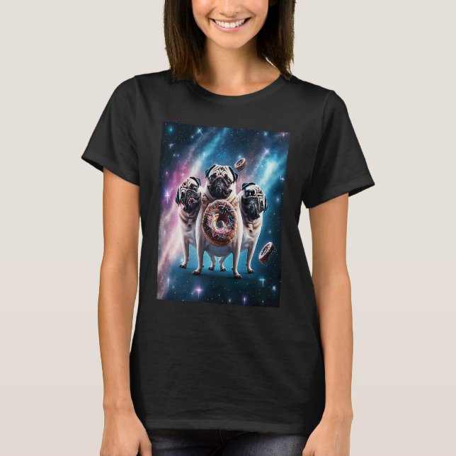 Pugs In Space With Donuts Cute Pug Boys Girls Men  T Shirt (Framsida)