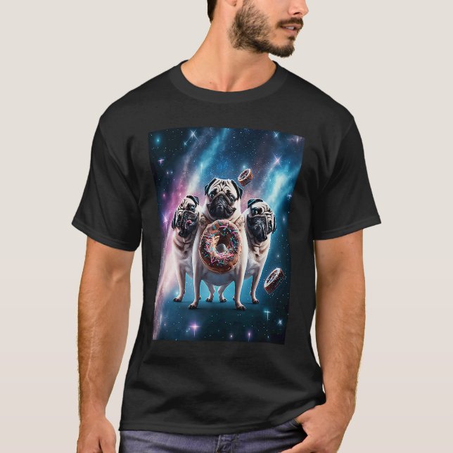 Pugs In Space With Donuts Cute Pug Boys Girls Men  T Shirt (Framsida)