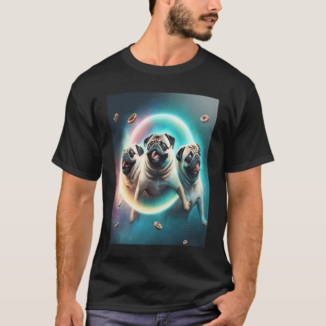 Pugs In Space With Donuts Cute Pug Boys Girls Men  T Shirt (Framsida)