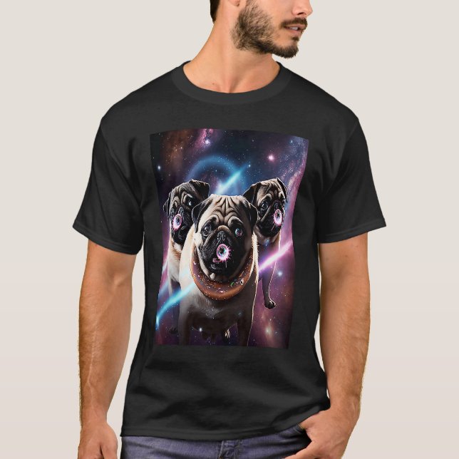 Pugs In Space With Donuts Cute Pug Boys Girls Men  T Shirt (Framsida)