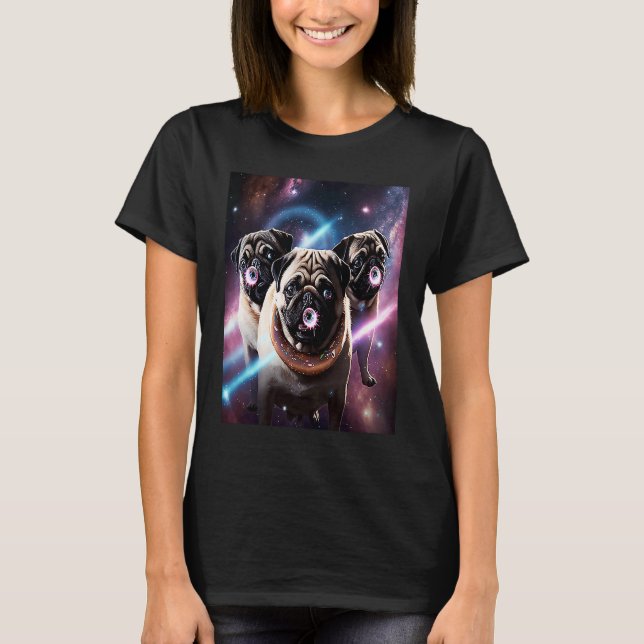 Pugs In Space With Donuts Cute Pug Boys Girls Men  T Shirt (Framsida)