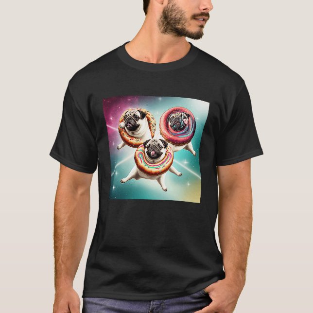 Pugs In Space With Donuts Cute Pug Boys Girls Men  T Shirt (Framsida)