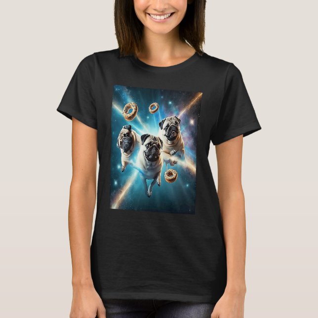 Pugs In Space With Donuts Cute Pug Boys Girls Men  T Shirt (Framsida)