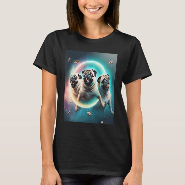 Pugs In Space With Donuts Cute Pug Boys Girls Men  T Shirt (Framsida)