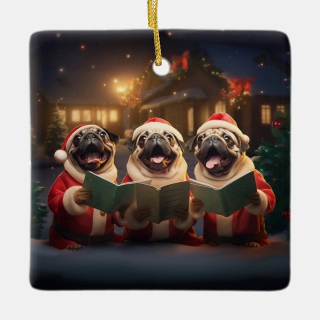 Pugs jul Caroling Festive Helgdag Julgransprydnad Keramik (Framsida)