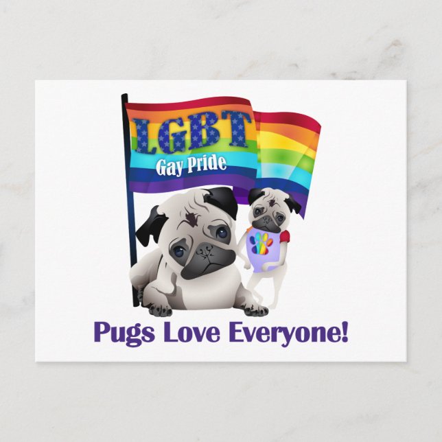 Pugs Kärlek Alla Gay pride Pugs med Flagga Vykort (Framsida)