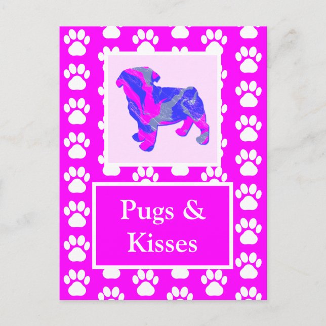 Pugs & Kisses Silhouette i Cute Rosa & Blue Vykort (Framsida)