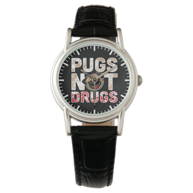 Pugs Not drugs - Cute, FUNNY, Novelty Hund Tecknad Armbandsur (Framsida)